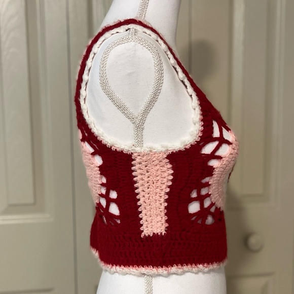 Vintage 1970’s Hand Crafted Cropped Top Crochet Tank Red Pink White - Picture 11 of 15